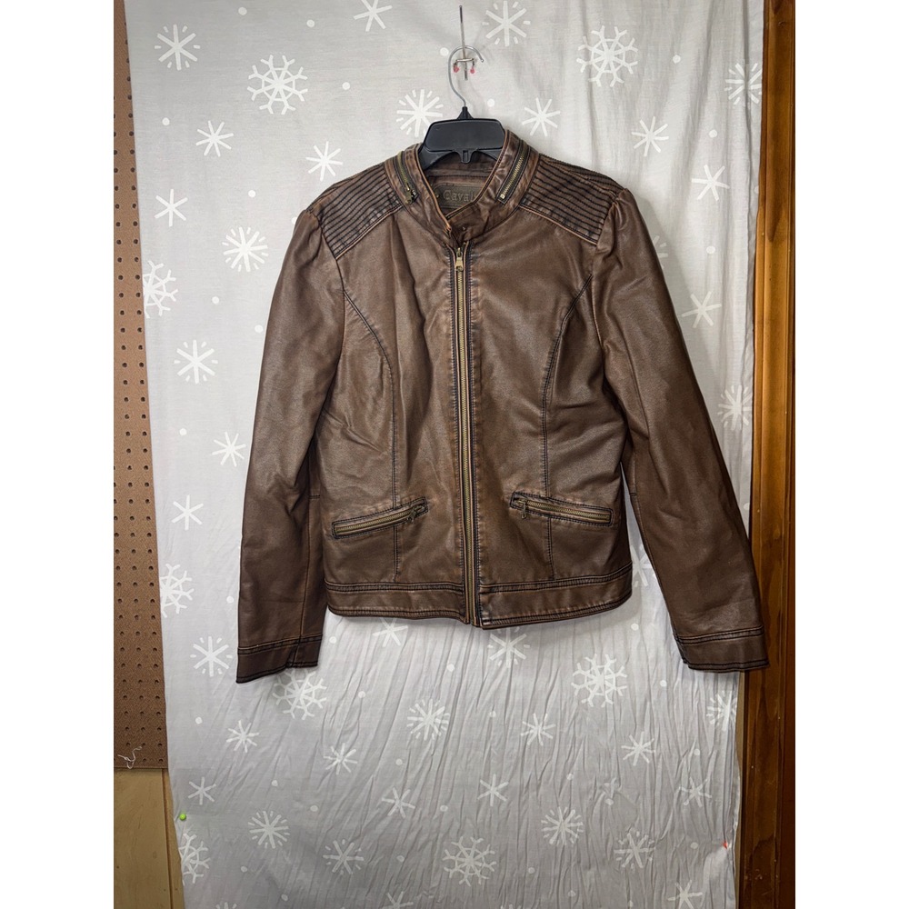 Cavalini Womens Brown Faux Leather Moto Jacket Quilted Shoulder Distressed L